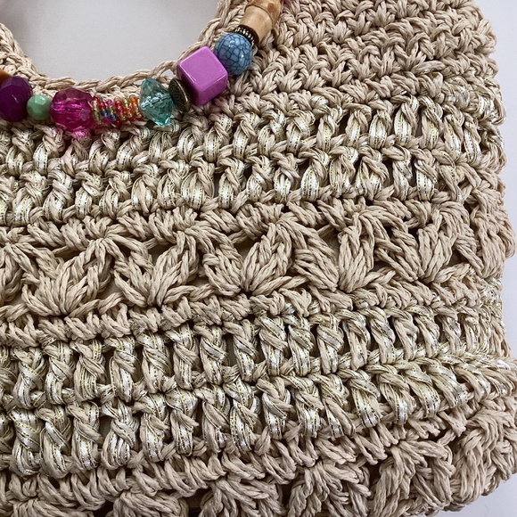 Cappelli Straworld Purse Handbag Round Beaded Jewel Handles Beige/Gold Lined - Picture 4 of 14